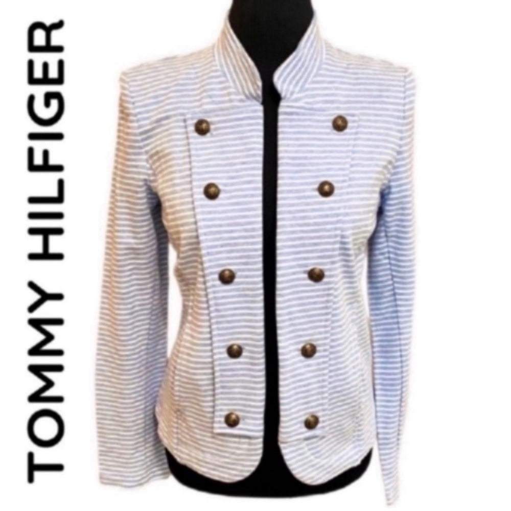 New Tommy Hilfiger Blue White Open Front Military Jacket Women’s Size Small